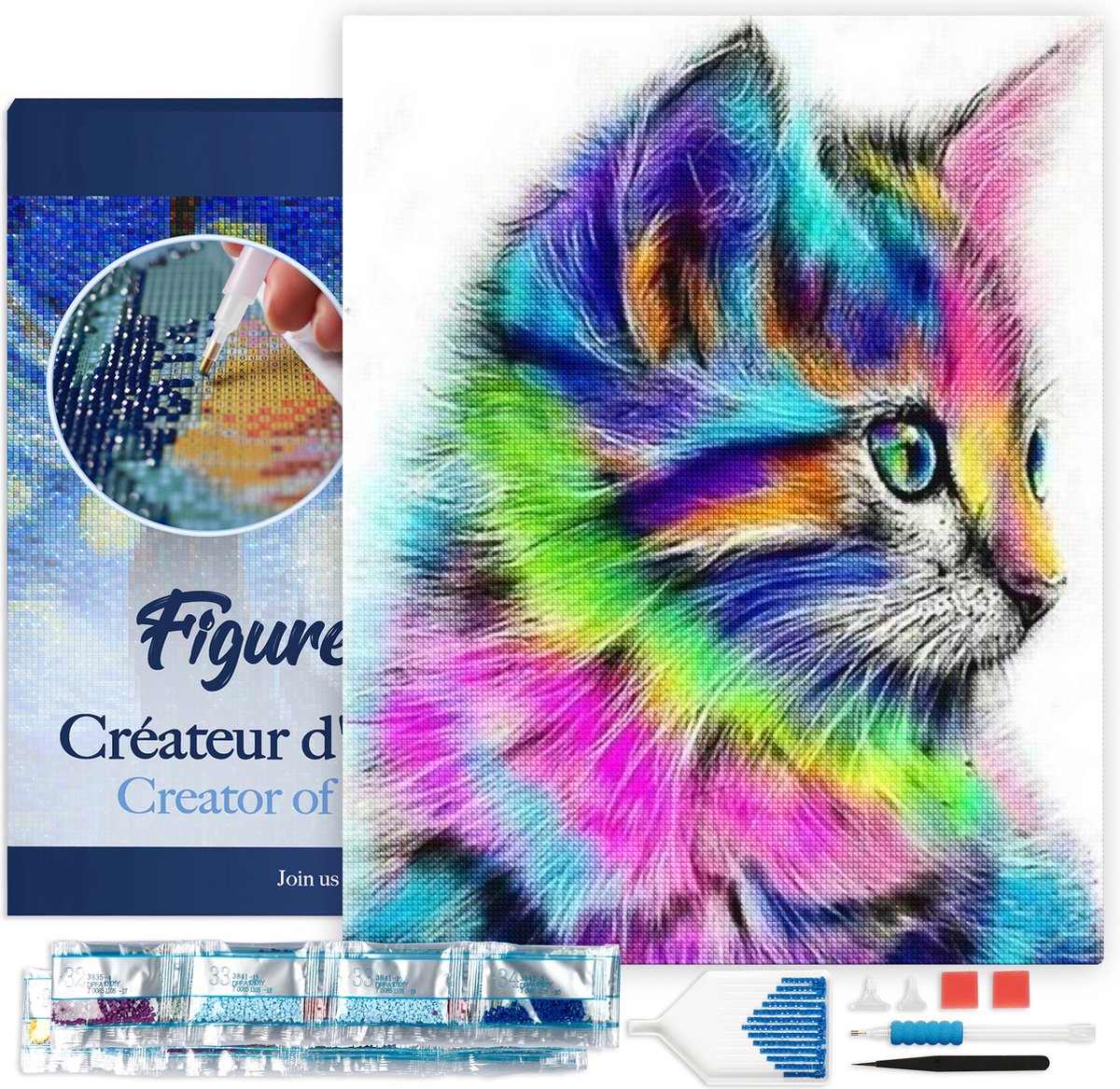 FiguredArt Diamond Painting set Volwassenen 40x50 cm met lijst Kleurrijke kitten - 5D DIY Art full drill vierkante diamant - Canvas al ingelijst